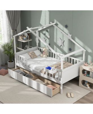 Twin House Bed with 2 Storage Drawers and Roof & Fence Rails-White
