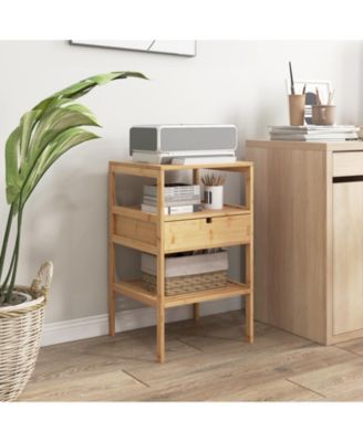 Nightstand Set of 2 Bamboo End Table with 2 Open Shelves and Drawer-Set of 2