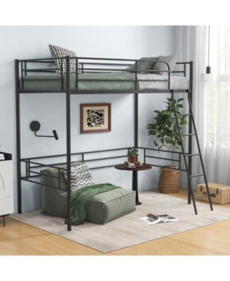 Twin Metal Loft Bed Frame with Ladder and Metal Slats Support-Black