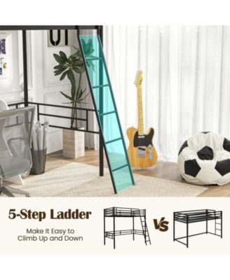 Twin Metal Loft Bed Frame with Ladder and Metal Slats Support-Black