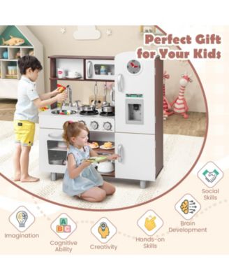 Kids Kitchen Playset with Realistic Sounds and Lights-Brown & White