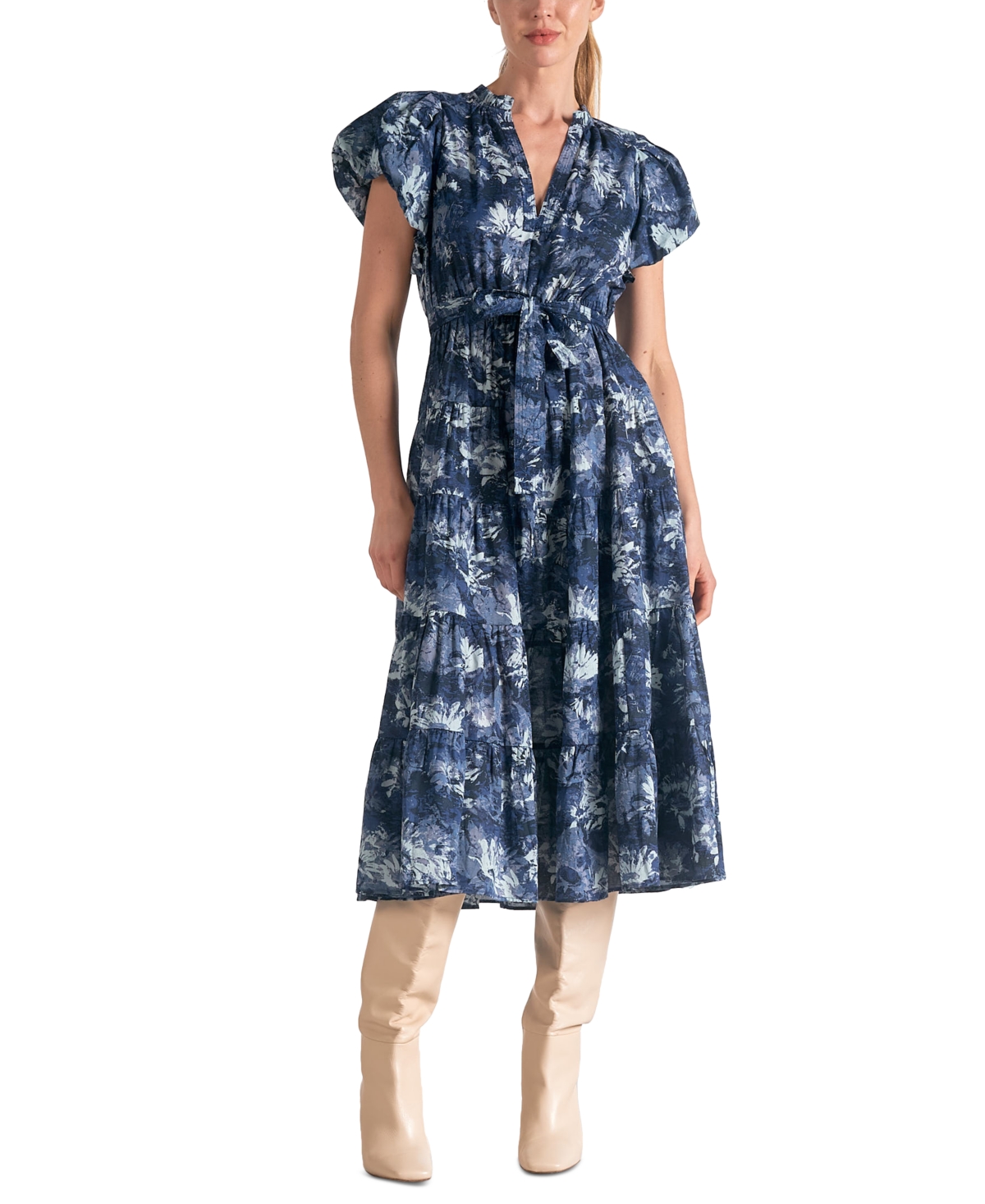 Elan Women's Cotton Printed-Voile Tie-Waist Midi Dress