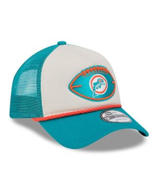 Men's Stone/Aqua Miami Dolphins 2024 Sideline Historic 9FORTY A-Frame Trucker Adjustable Hat