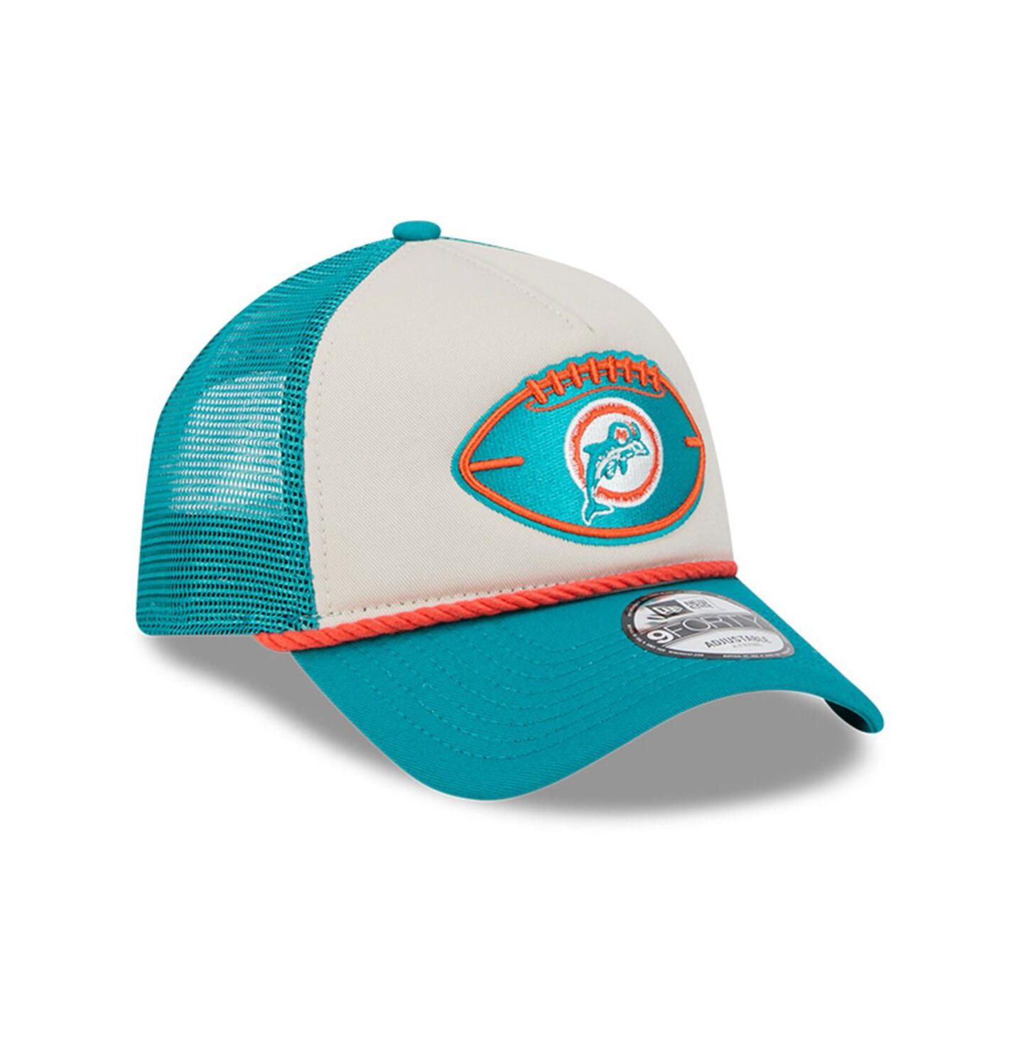Мужская кепка New Era Stone/Aqua Miami Dolphins 2024 Sideline Historic 9FORTY A-Frame Trucker Adjustable Hat — фото 4
