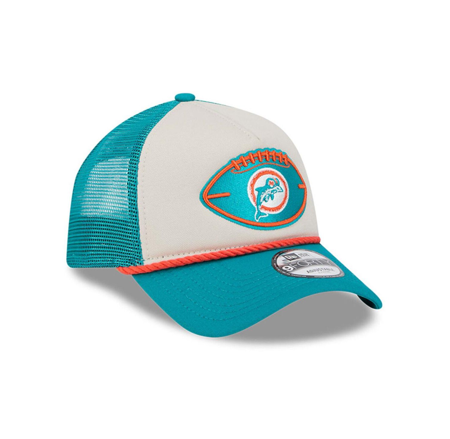 Men's Stone/Aqua Miami Dolphins 2024 Sideline Historic 9FORTY A-Frame Trucker Adjustable Hat