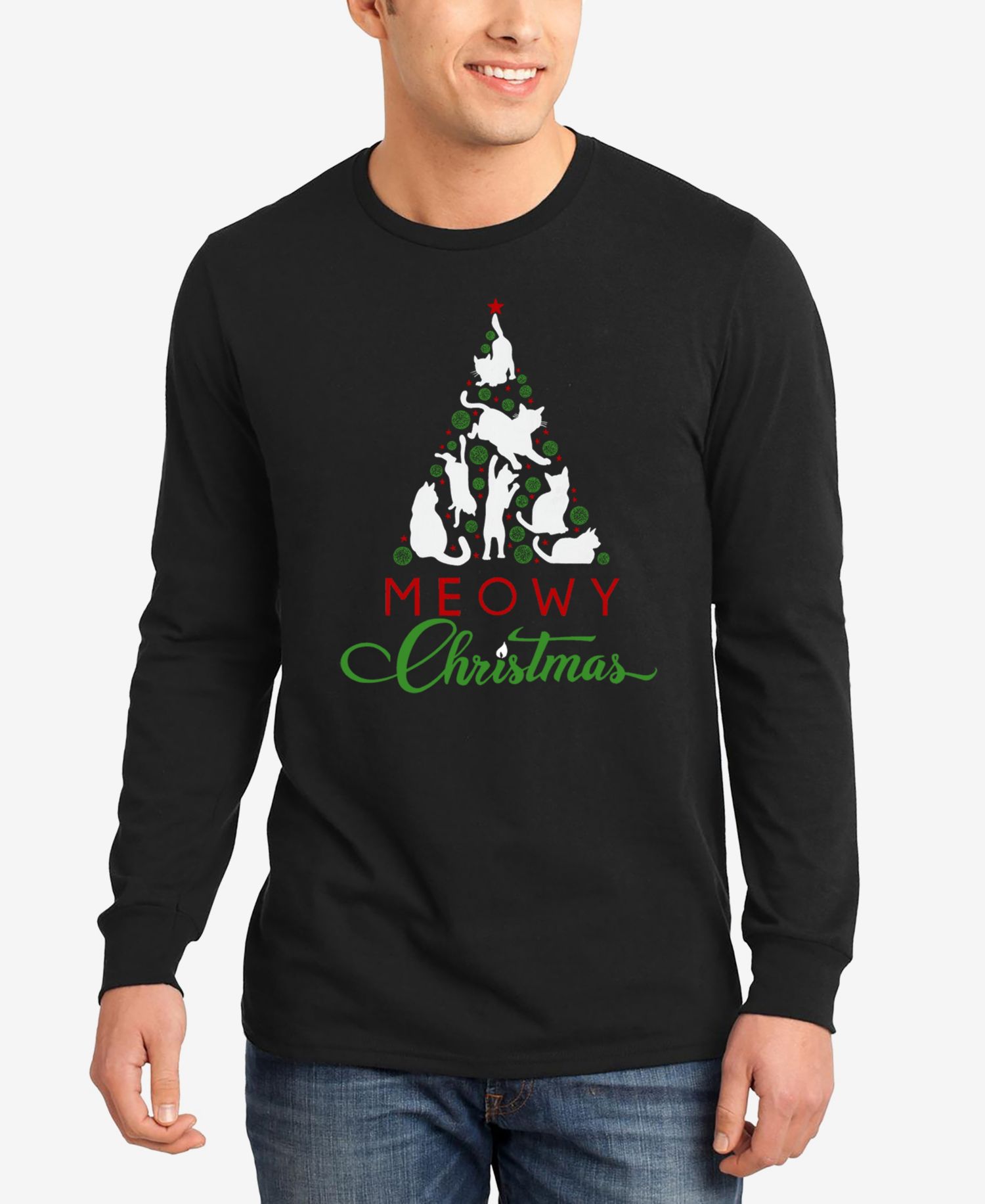 Men's Meowy Christmas Tree Word Art Long Sleeve T-Shirt