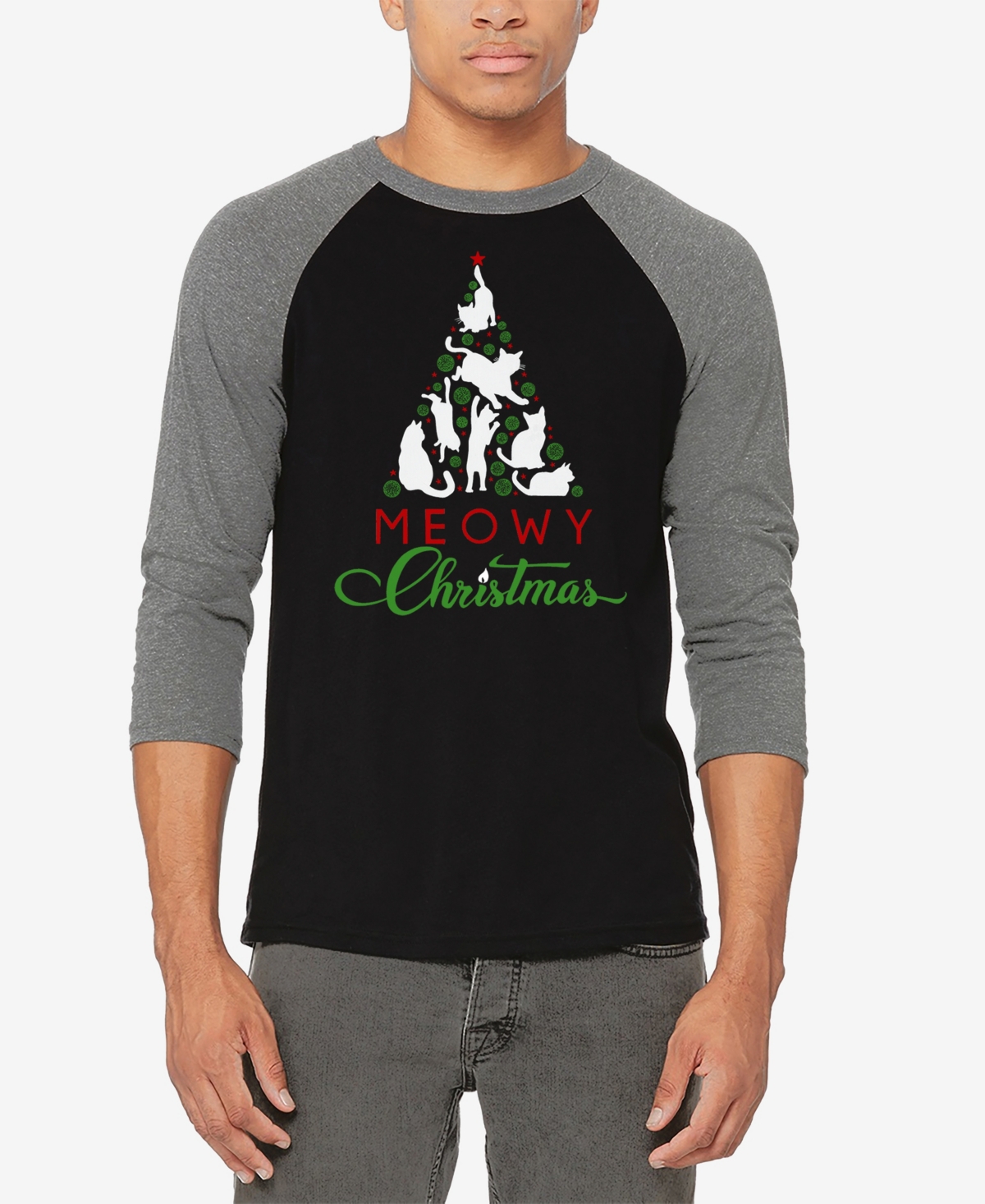 La Pop Art Men's Meowy Christmas Tree Raglan Baseball Word Art T-Shirt -Black