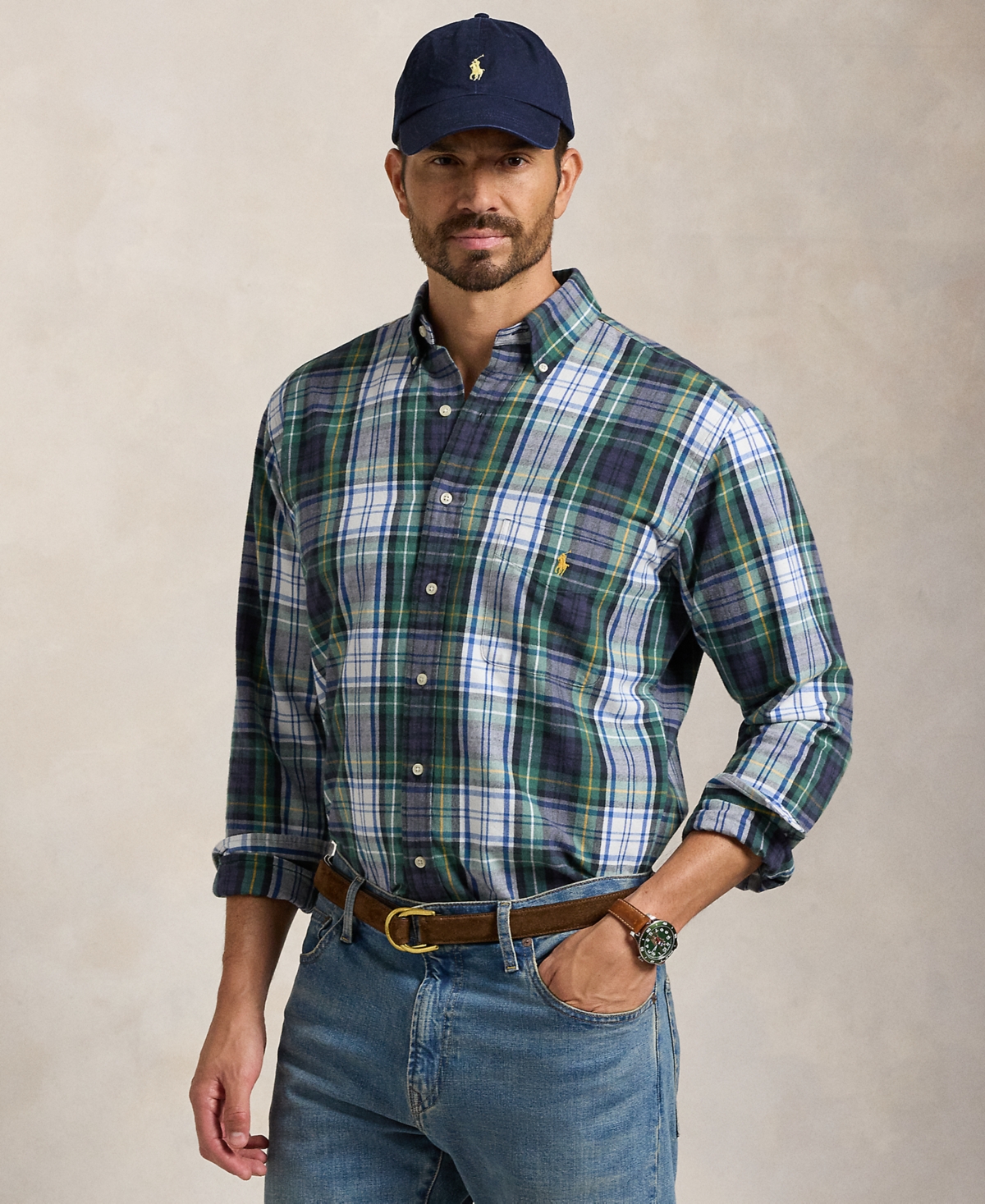 Polo Ralph Lauren Men's Big & Tall Plaid Brushed Oxford Shirt -Green
