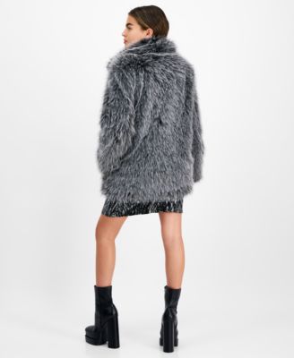 Bar III Petite Faux-Fur Collared Snap-Front Coat, Created for