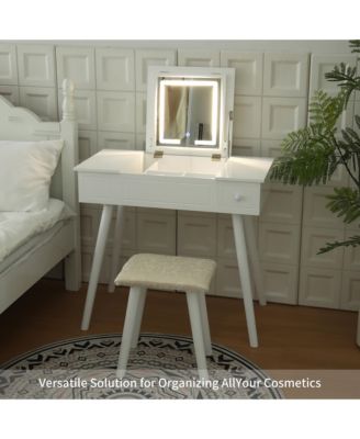 LED Vanity Desk with Mirror, Power Outlet, and Storage