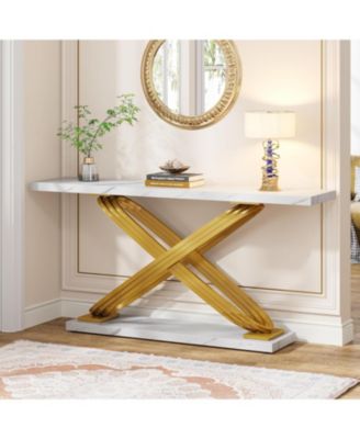 55 Inch Modern Console Table, Faux Marble Gold Entryway Table Behind Sofa Couch, Narrow Rectangular Sofa Table for Living Room, Bedroom, Front Hall, Hallway, Gold & White