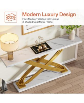 55 Inch Modern Console Table, Faux Marble Gold Entryway Table Behind Sofa Couch, Narrow Rectangular Sofa Table for Living Room, Bedroom, Front Hall, Hallway, Gold & White