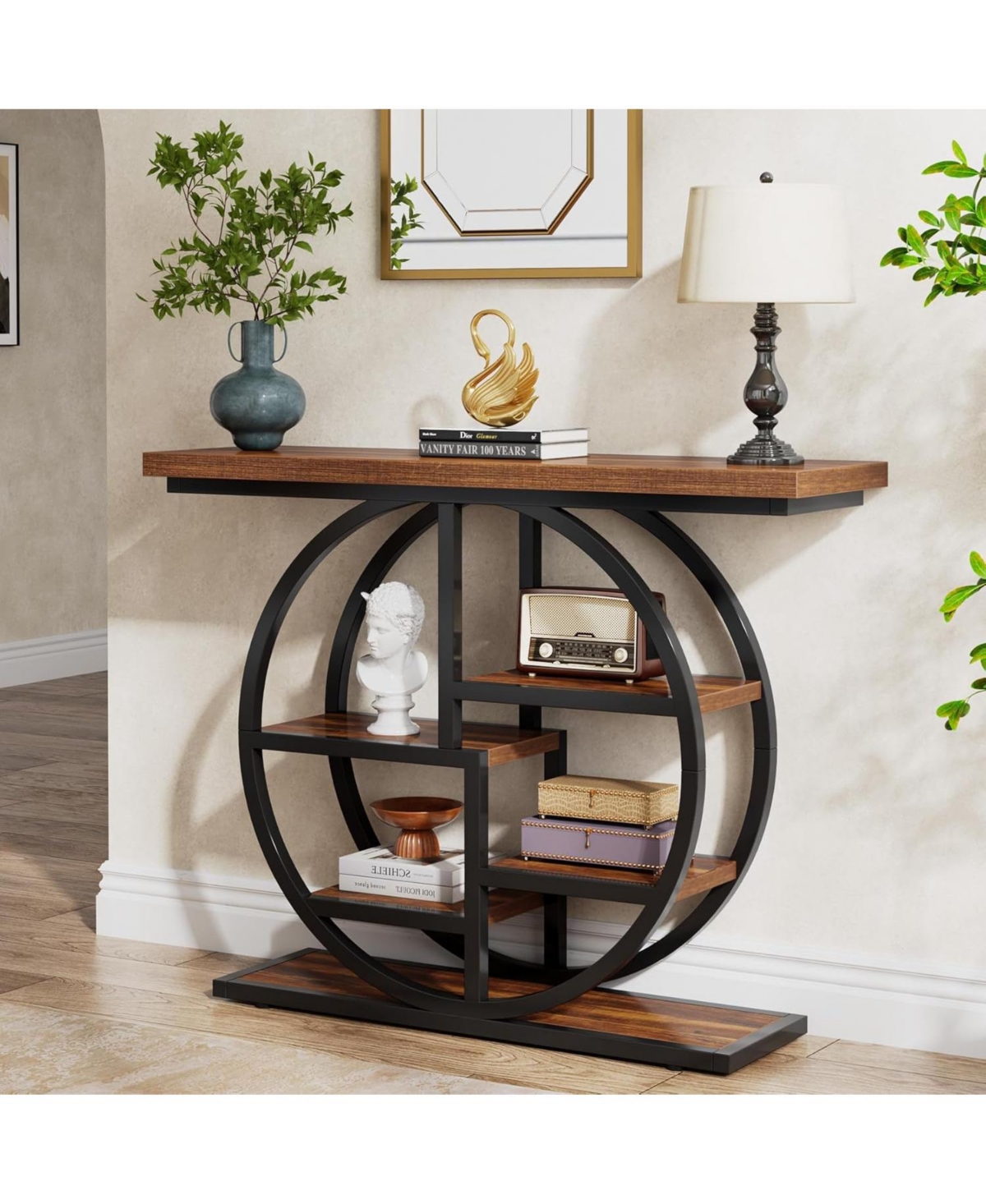 Tribesigns Console Table, Industrial 6-Tier Sofa Table Entryway Table with Circle Base, Narrow Wood Accent Tables with Storage Shelves for Livi
