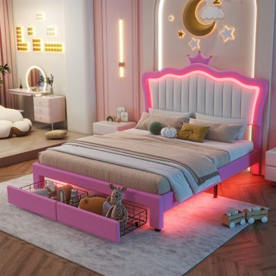  Princess Crown Bed with LED Lights and Drawers