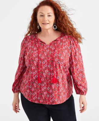 売れ筋商品|||スタイルアンドコー カットソー トップス レディース Plus Size Printed Tassel-Tie Long-Sleeve Blouse, Created for Macy's Floral Red Style & Co Plus Size Printed Tassel-Tie Long-Sleeve Blouse