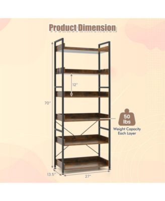 6-Tier Industrial Bookcase with Open Shelves, Metal Frame, 4 Hooks, and Anti-Tip Design