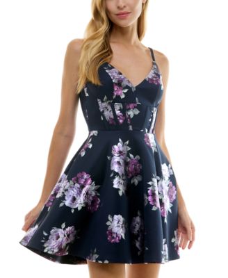 Juniors Foil Floral Print Sleeveless Fit Flare Dress