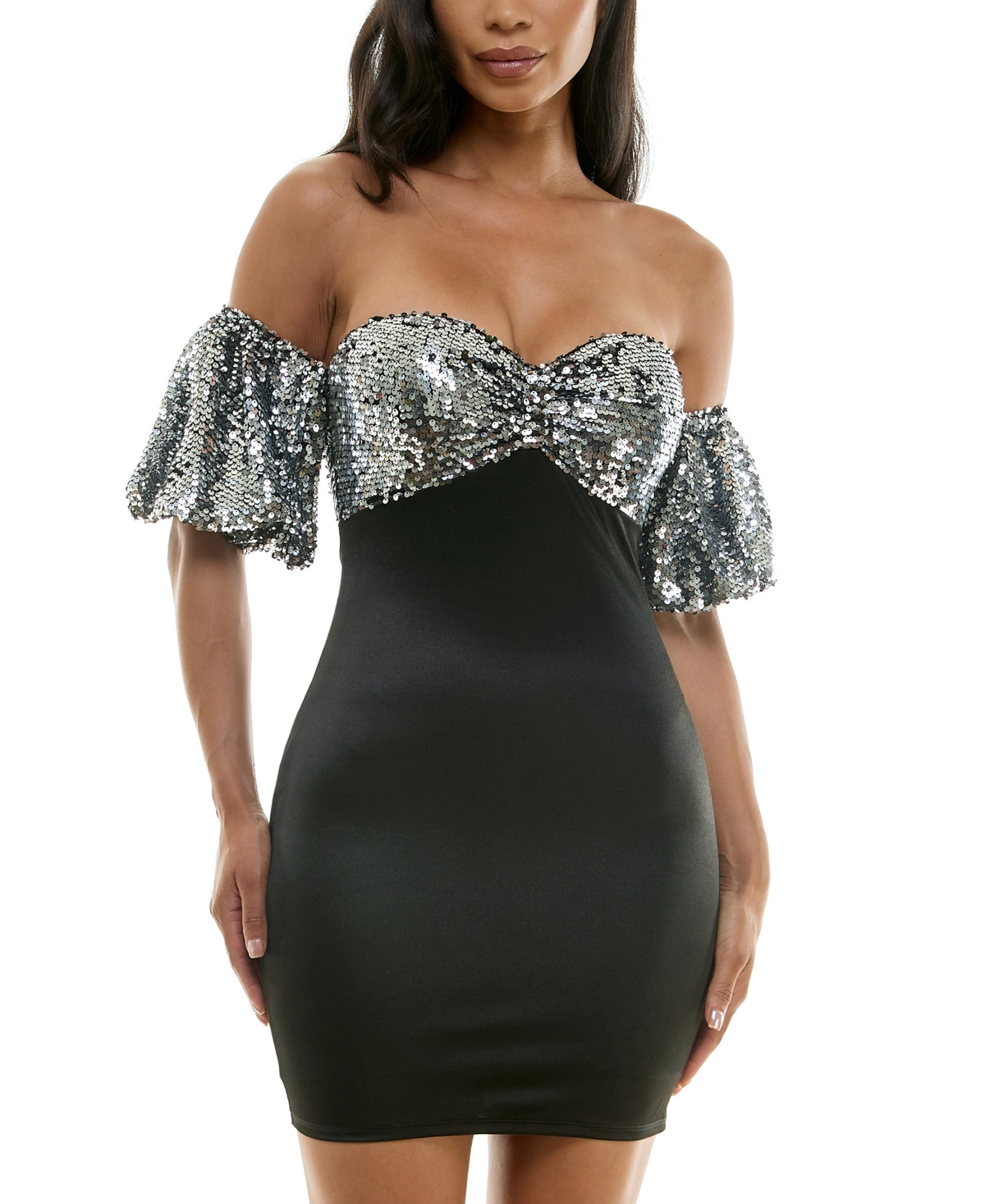 City Studios Juniors' Sequin Bandeau Bubble-sleeve Dress In Black,silv