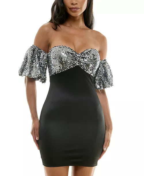 juniors' sequin bandeau bubble-sleeve dress
