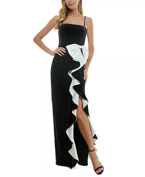 juniors' velvet cascading-ruffle bow-trim gown