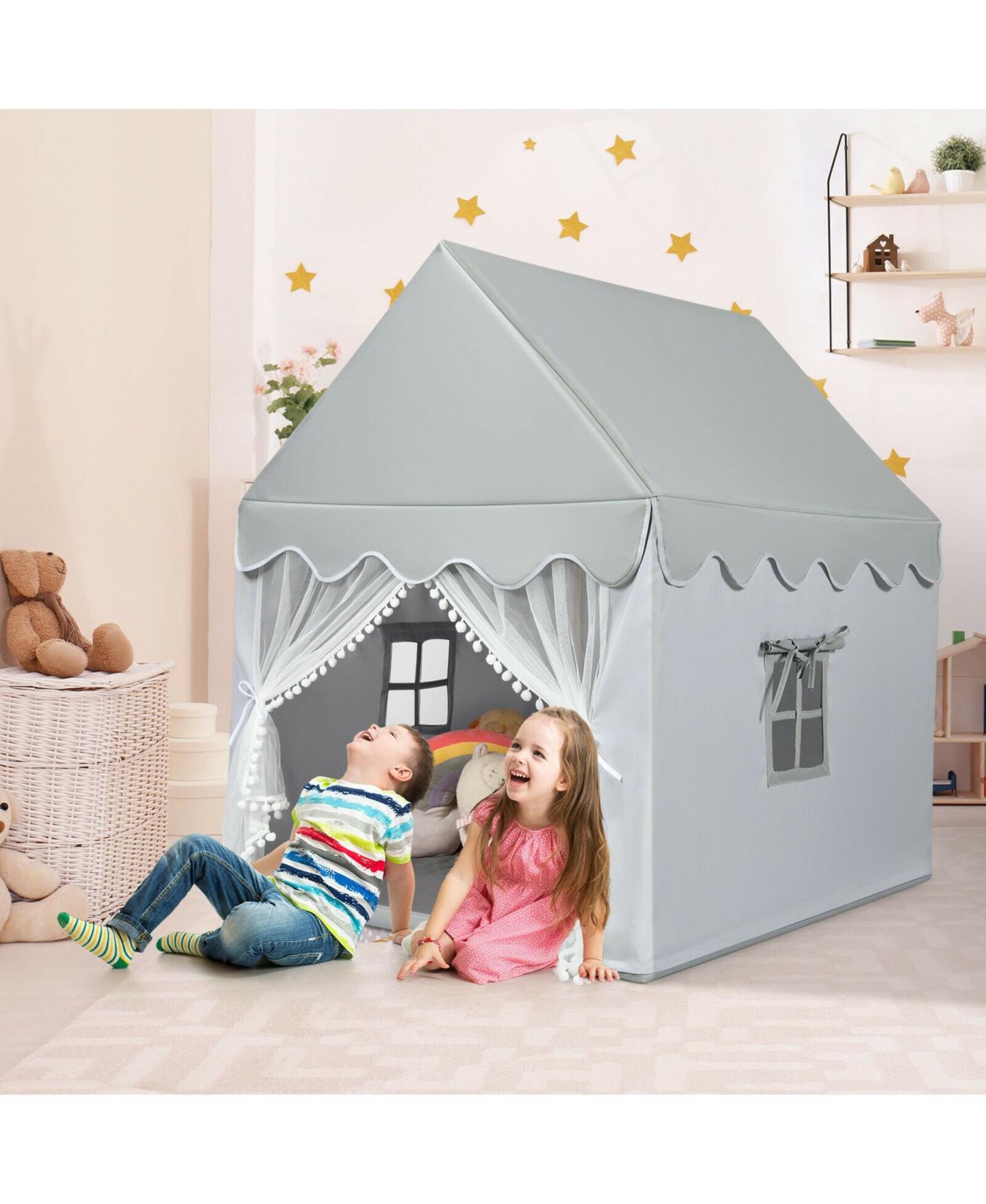 Детские игрушки VEBREDA Fairy Castle Solid Wood Frame Play Tent, 2-Piece Set, Ages 3+, цвет: Серый — фото 2