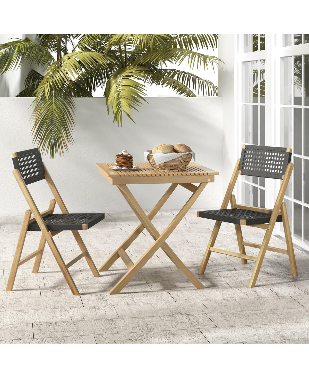 Sugift Set of 2 Folding Chairs Indonesia Teak Wood Dining Chairs with Woven Rope Seat and Back