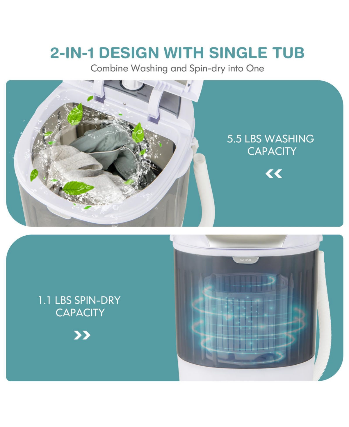 Sugift Portable Mini Washing Machine Semi-Automatic Washer and Spinner Combo with Single Tub-Gray