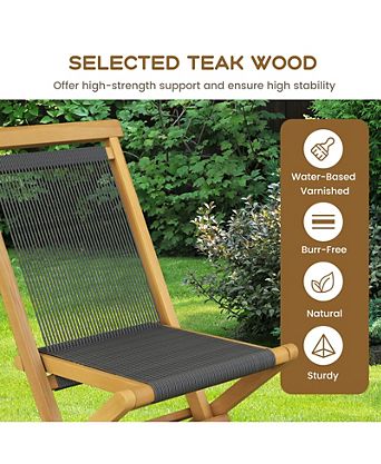 2 Piece Indonesia Teak Patio Folding Chairs with Woven Rope Seat and Back for Porch Backyard Poolside