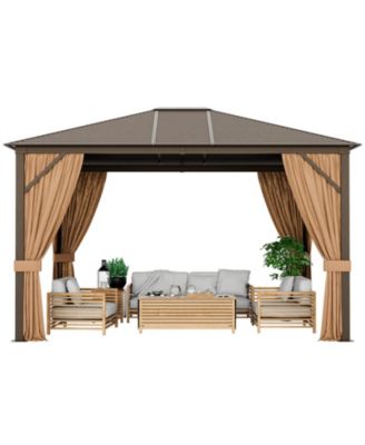 12 x10 Feet Outdoor Hardtop Gazebo with Galvanized Steel Top and Netting-Brown