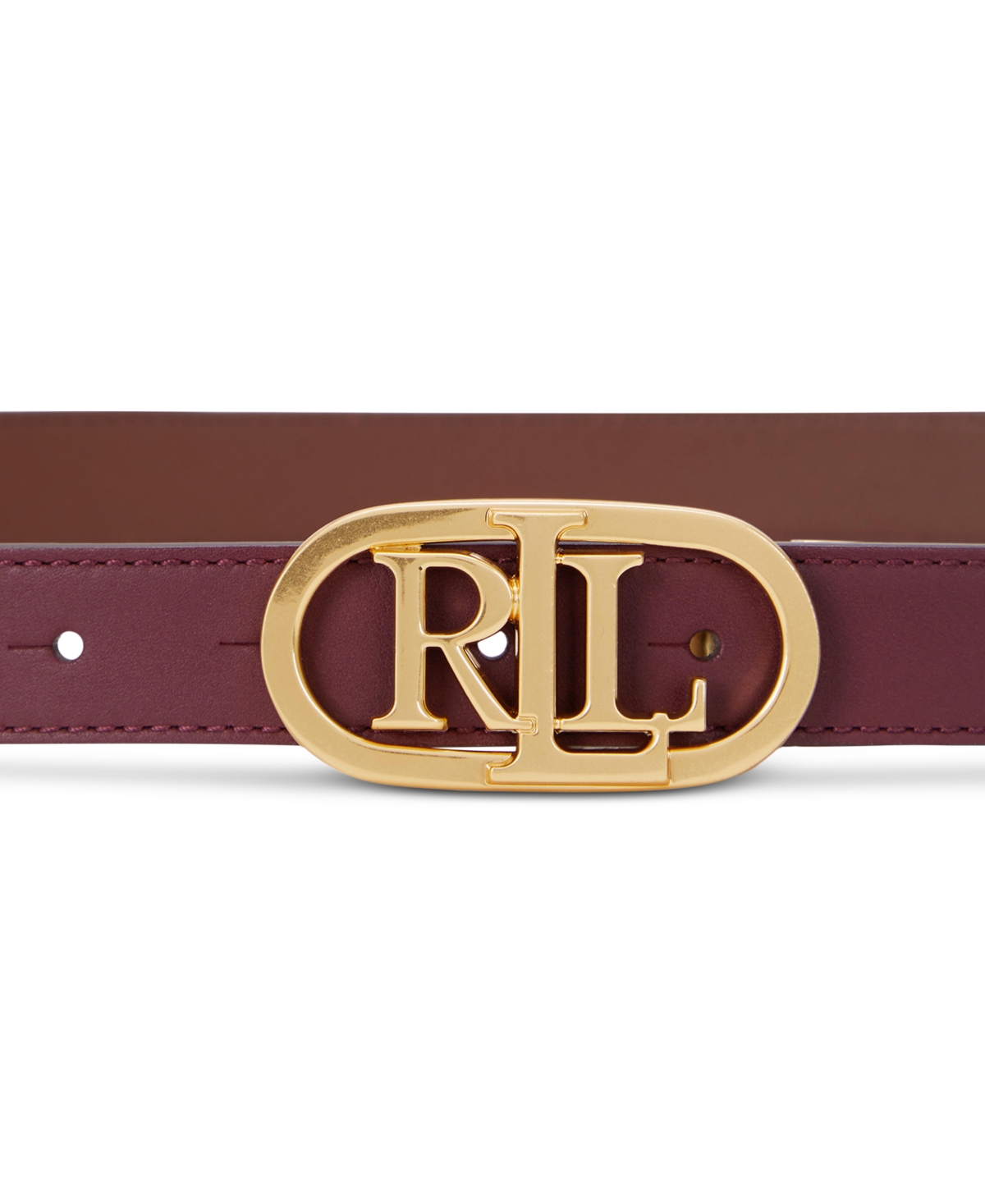 Lauren Ralph Lauren Oval Logo Buckle Reversible Leather Skinny Belt -Dark Mahogany