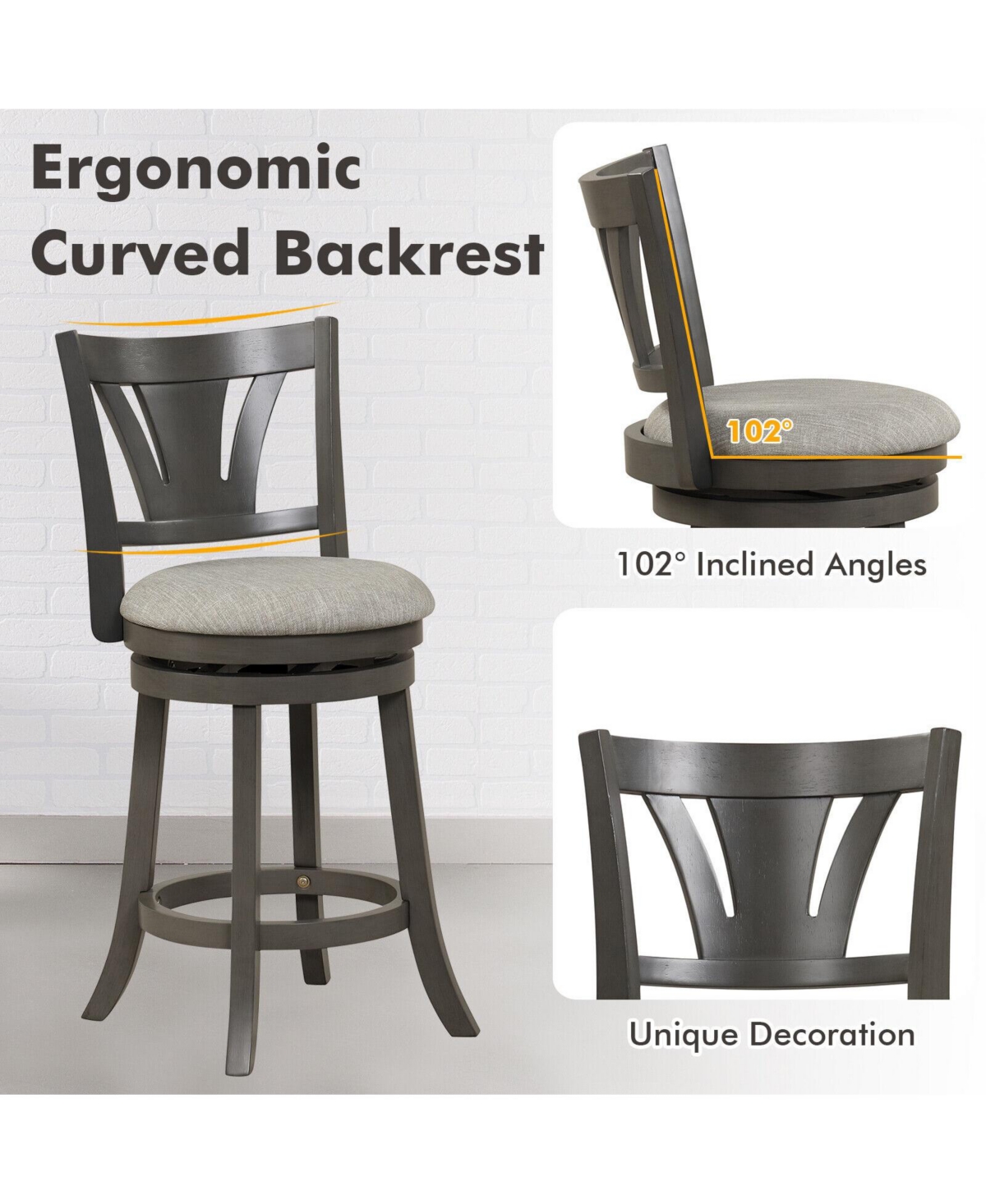 Sugift Inch Swivel Bar Stool with Backrest Soft Cushioned Seat and Footrest Gray-26.5 inches