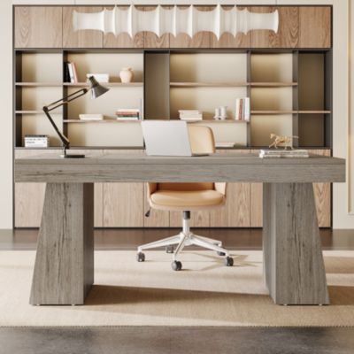 55" MDF Executive Desk with Dual Trapezoid Base Mid-Century Modern Home Office Workstation Desk