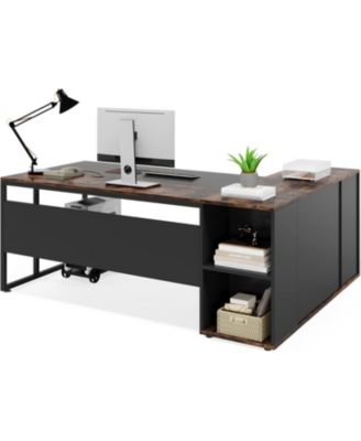 71 inch Executive Desk, L Shaped Desk with Cabinet Storage, Executive Office Desk with Shelves for Home Office
