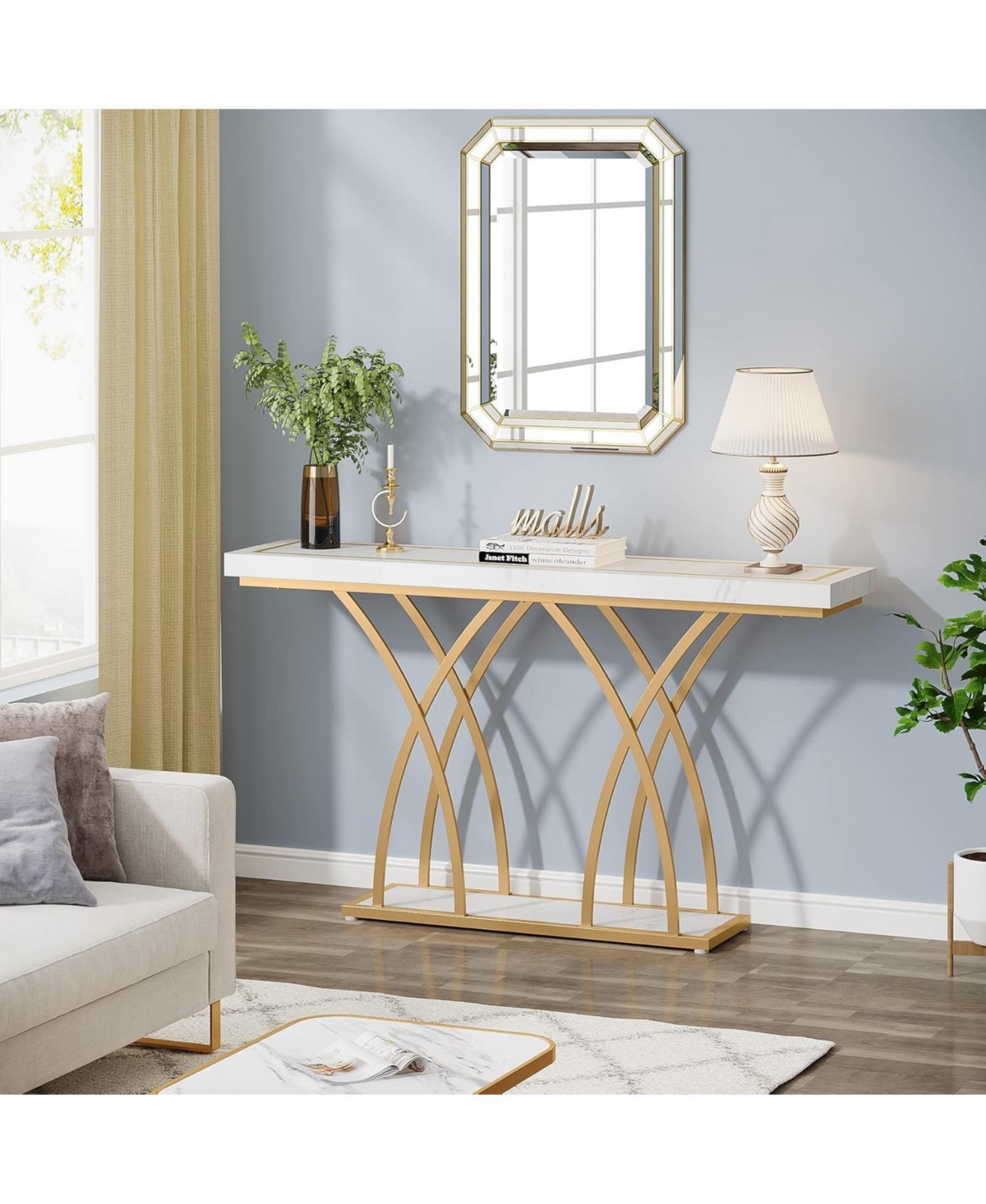 Tribesigns Gold Console Table, Modern Faux Marble Veneer Entryway Table Behind Sofa Couch, Narrow Long Hallway Table with Geometric Metal Legs