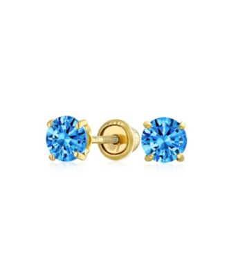 14K Gold Tiny Cubic Zirconia Green Simulated Emerald CZ Round Solitaire Stud Earrings 3MM Screw Back