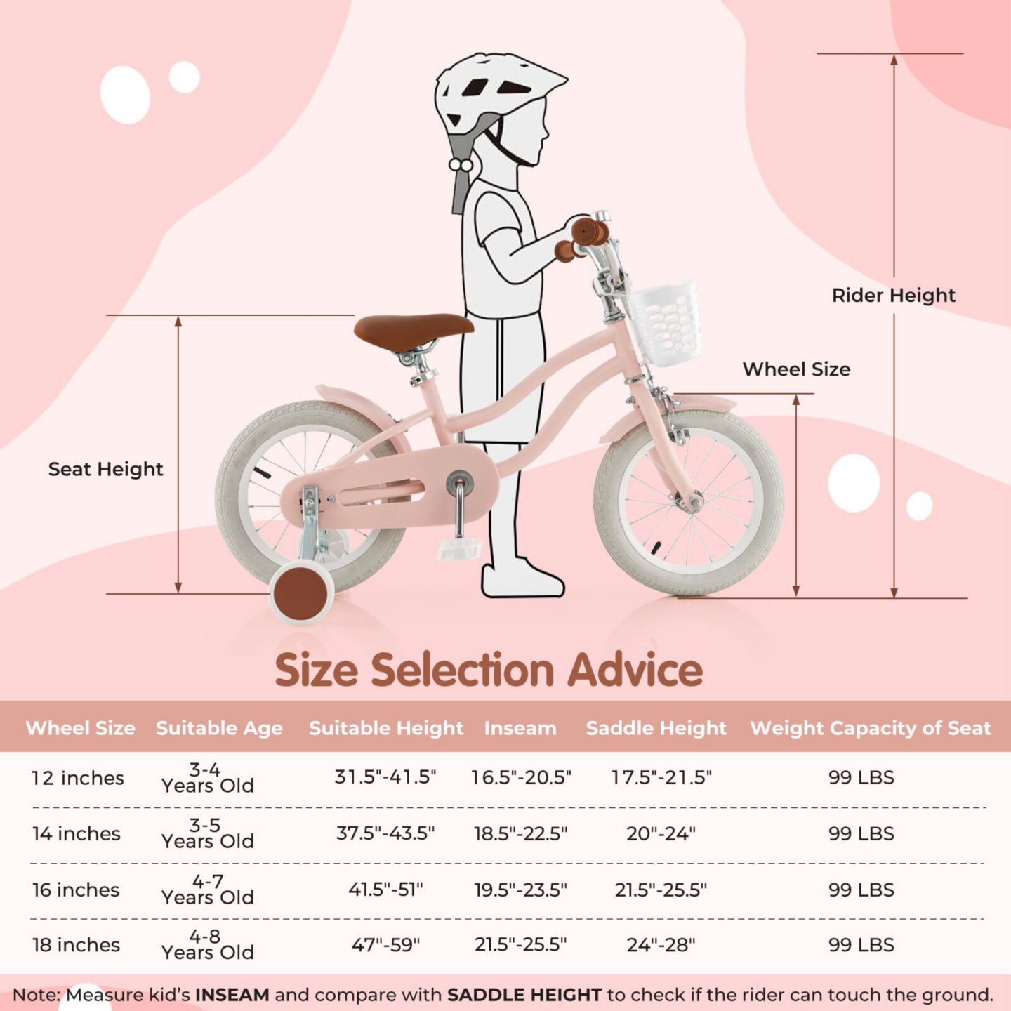 Детская игрушка Costway 14" Removable Training Wheels Adjustable Kids' Bicycle, 3–5 лет, цвет: Розовый — фото 6