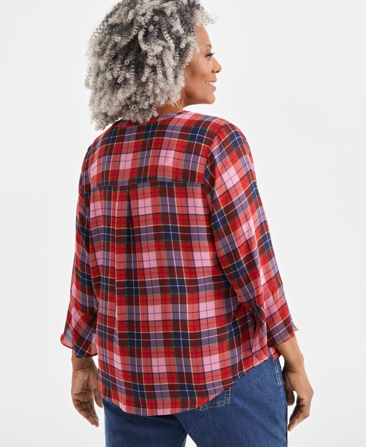 Style & Co Plus Size Printed V-Neck Pintuck 3/4-Sleeve Top, Created for Macy's