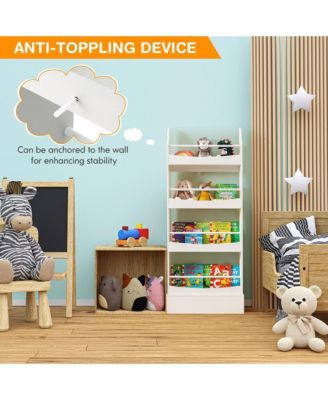 4-Tier Kids Bookshelf Toy Storage Bookcase Rack Wall w/ Anti-toppling Kits Grey