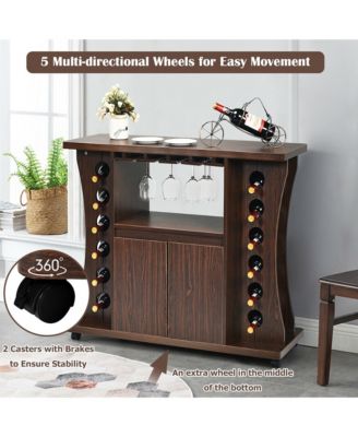 Rolling Buffet Sideboard Wooden Bar Storage Cabinet w/ Wine Rack & Glass Holder
