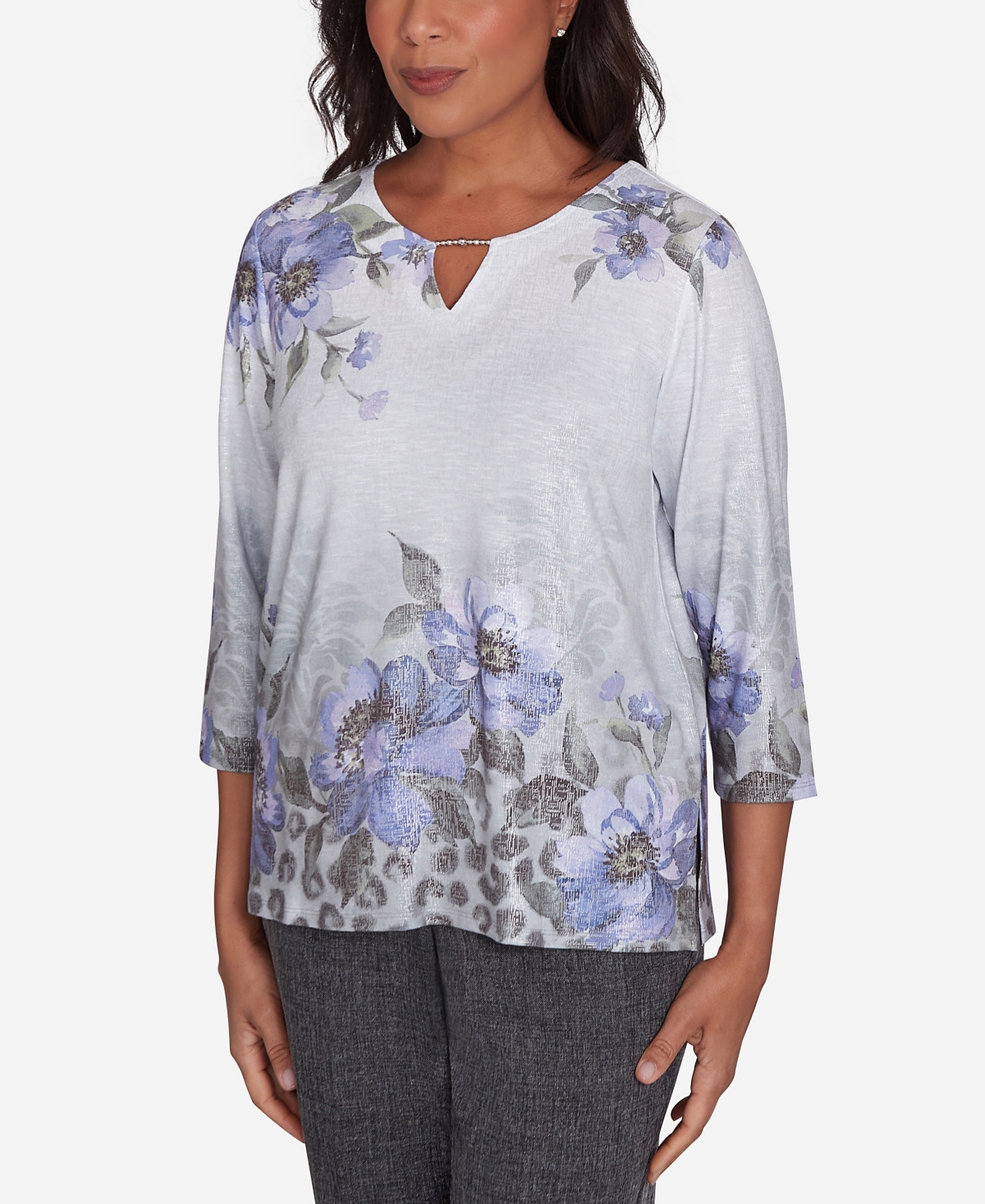 Alfred Dunner Petite Worth Avenue Beaded Split Neck Floral Shimmer Top