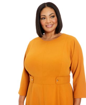 Plus Size 3/4-Sleeve Tab-Waist Fit & Flare Dress