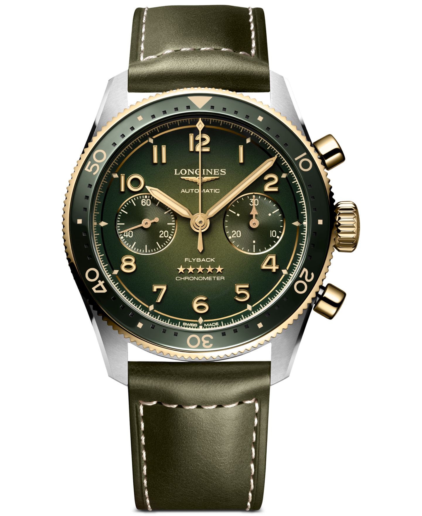 Мужские часы Longines Swiss Automatic Chronograph Spirit Flyback Green Leather Strap Watch 42mm — фото 1