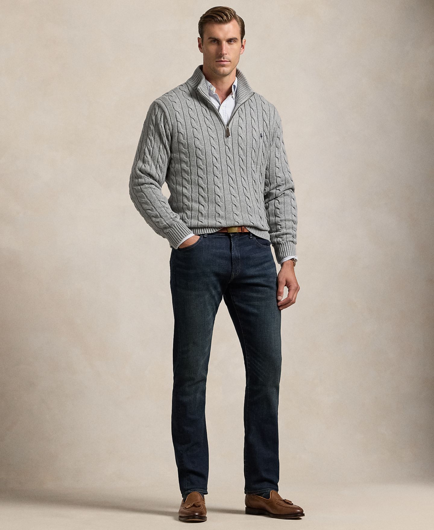 Мужской свитер Polo Ralph Lauren Big & Tall Cable-Knit Cotton Quarter-Zip, цвет: Палевый серый меланжевый — фото 6