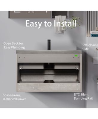 36&amp;#x22; MFC &amp; Quartz Sand Wall-Mounted Design, Soft-Close Hinges &amp; Water-Resistant Finish Bathroom Vanity