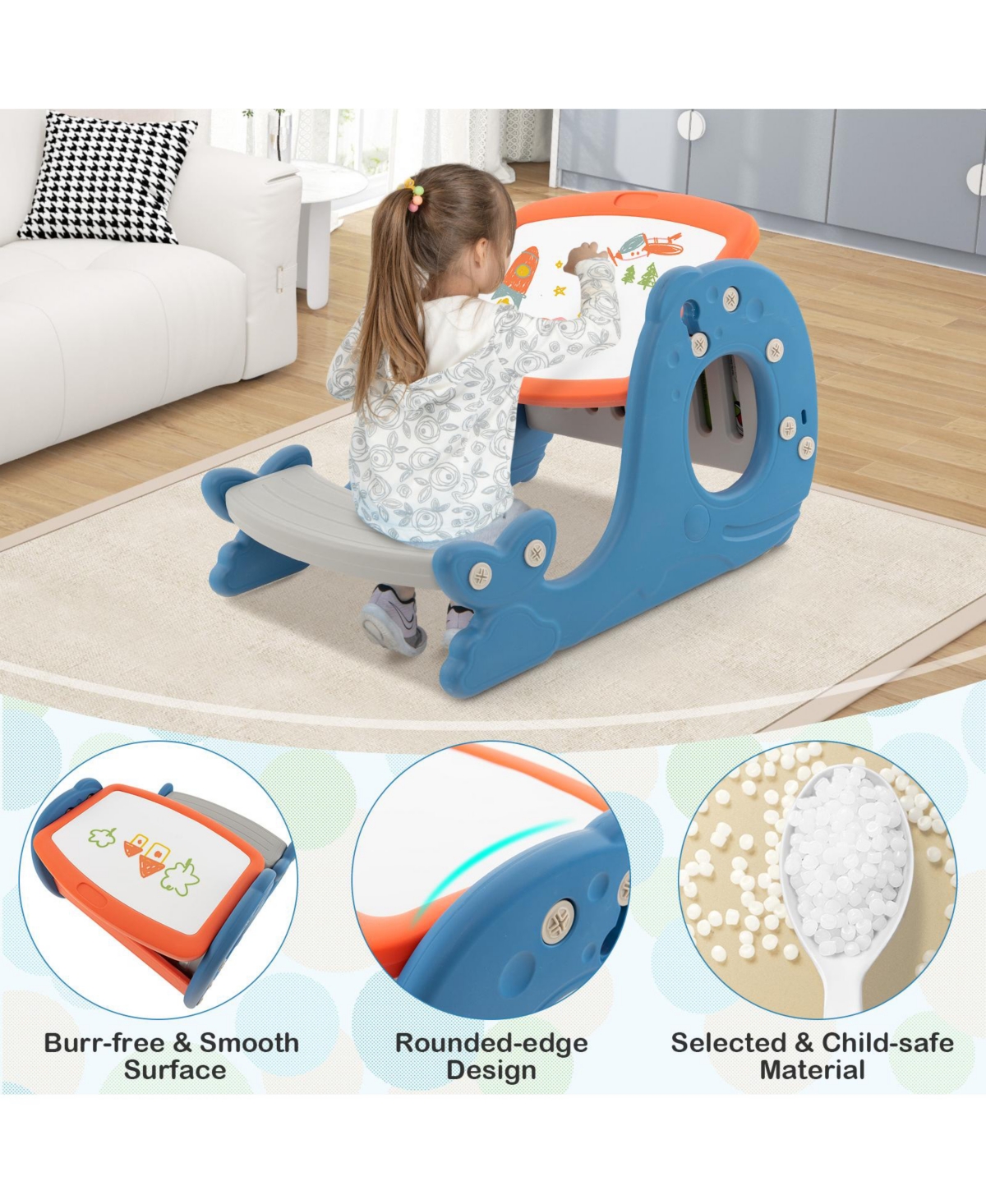 Vebreda Convertible Kids Activity Table Set Toddler Easel with Erasable Whiteboard-Blue