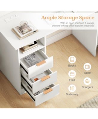 Home Office Desk with Power Outlet 3 Storage Drawers and Open Compartment-White
