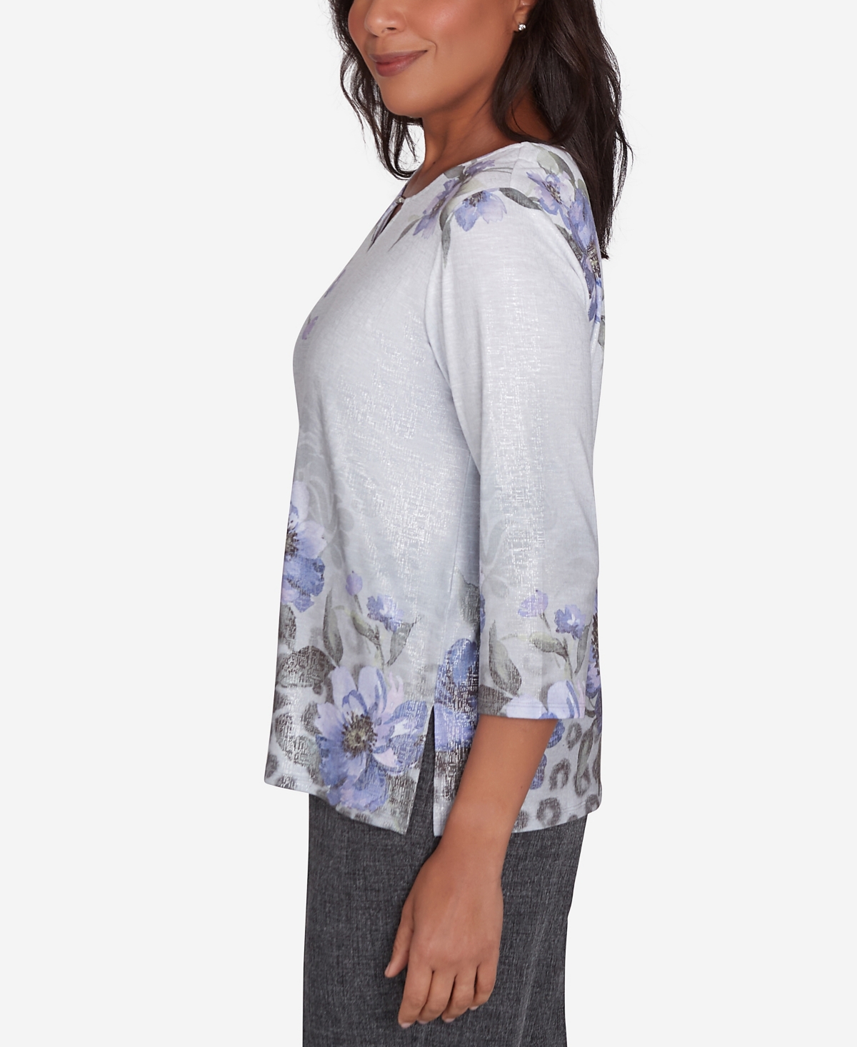 Alfred Dunner Petite Worth Avenue Beaded Split Neck Floral Shimmer Top