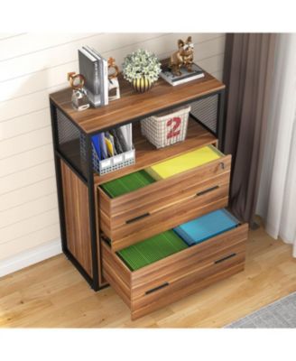 2 Drawer File Cabinet with Lock, Large Lateral Filing Cabinet for Letter/Legal / A4 Size, Wood Printer Stand with Open Storage Shelves for HomeOffice (Brown)