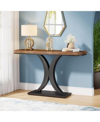 Modern Gold Console Table, 40 inch Narrow Entryway Foyer Table with Geometric Base, Rustic Hallway Accent Table for Living Room, Entrance