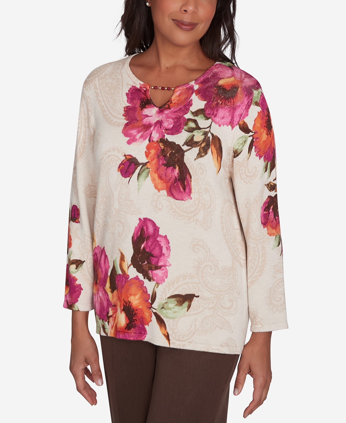 Alfred Dunner Petite Wine Country Watercolor Floral Beaded Split Neck Top In Muneutr